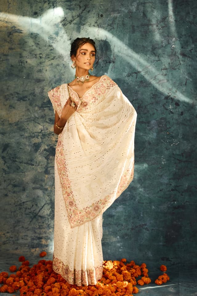 Cream Georgette Saree